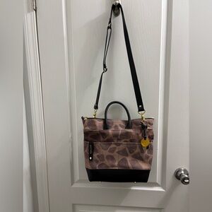 R.Riveter Brown and Black Shoulder Bag with Adjustable Strap and Unique Design